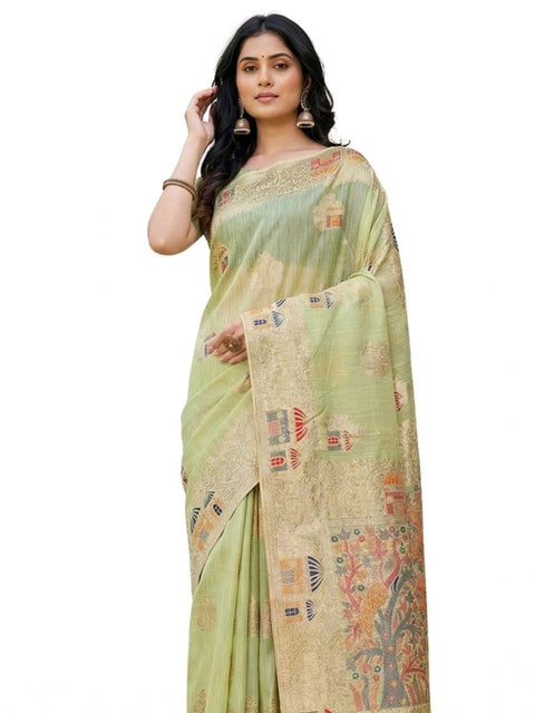 Women's Linen Cotton Printed Saree With Unstitched Blouse 5.5Mtr (Light Green)