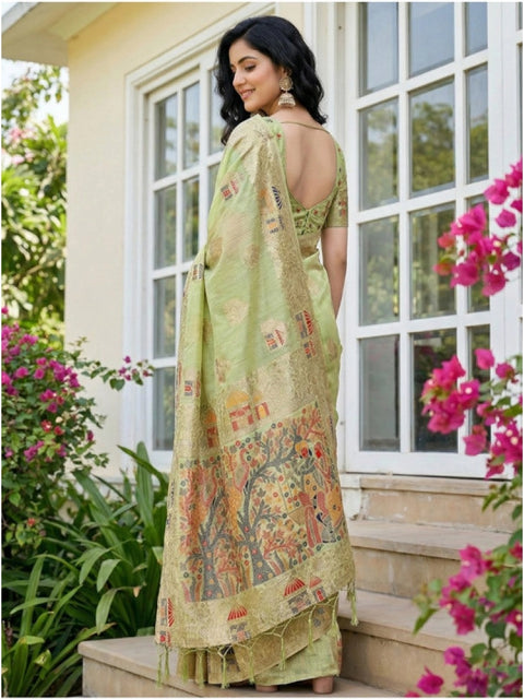 Women's Linen Cotton Printed Saree With Unstitched Blouse 5.5Mtr (Light Green)