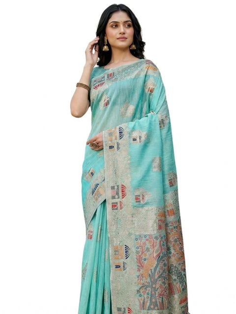 Women's Linen Cotton Printed Saree With Unstitched Blouse 5.5Mtr (Sky Blue)