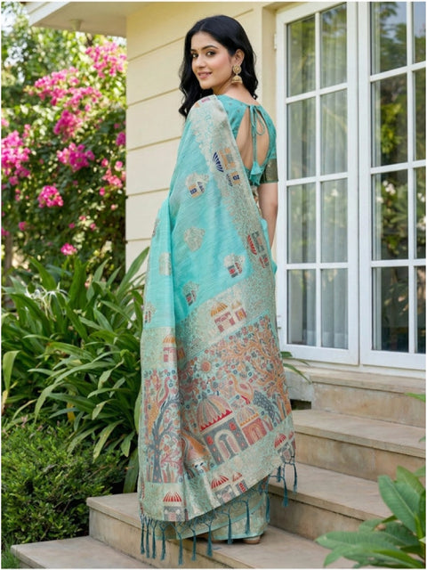 Women's Linen Cotton Printed Saree With Unstitched Blouse 5.5Mtr (Sky Blue)