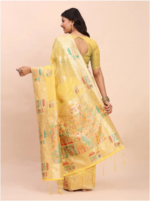 Women's Linen Cotton Printed Saree With Unstitched Blouse 5.5Mtr (Yellow)
