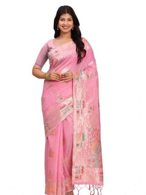Women's Linen Cotton Printed Saree With Unstitched Blouse 5.5Mtr (Pink)