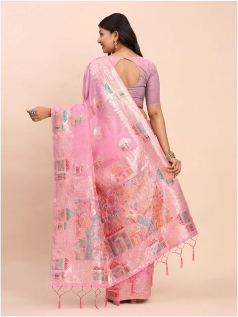 Women's Linen Cotton Printed Saree With Unstitched Blouse 5.5Mtr (Pink)