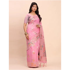 Generic Women's Linen Cotton Printed Saree With Unstitched Blouse 5.5Mtr (Pink)