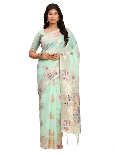 Women's Linen Cotton Printed Saree With Unstitched Blouse 5.5Mtr (Sea Green)