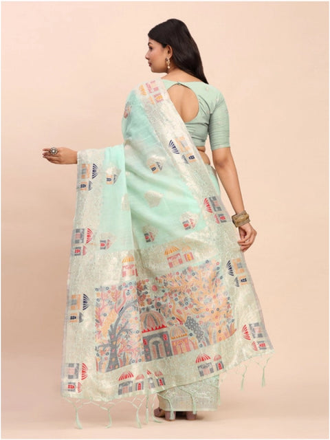 Women's Linen Cotton Printed Saree With Unstitched Blouse 5.5Mtr (Sea Green)