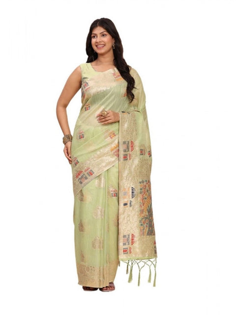 Women's Linen Cotton Printed Saree With Unstitched Blouse 5.5Mtr (Light Green)