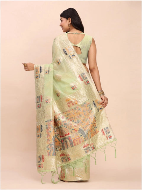Women's Linen Cotton Printed Saree With Unstitched Blouse 5.5Mtr (Light Green)