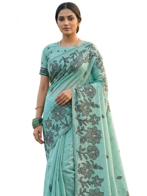 Women's Linen Cotton Printed Saree With Unstitched Blouse 5.5Mtr (Sea Green)