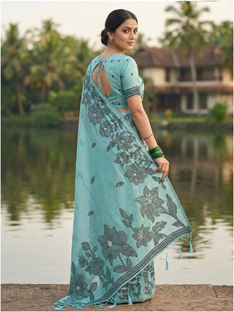 Women's Linen Cotton Printed Saree With Unstitched Blouse 5.5Mtr (Sea Green)