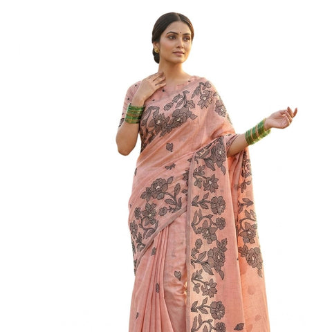Women's Linen Cotton Printed Saree With Unstitched Blouse 5.5Mtr (Orange)