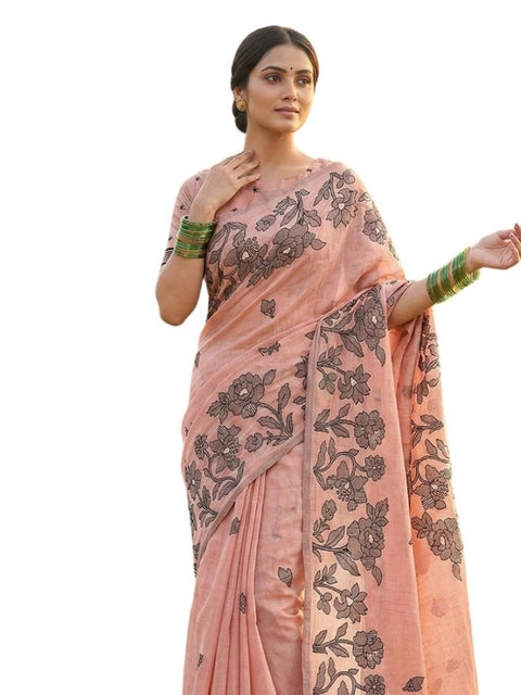 Women's Linen Cotton Printed Saree With Unstitched Blouse 5.5Mtr (Orange)