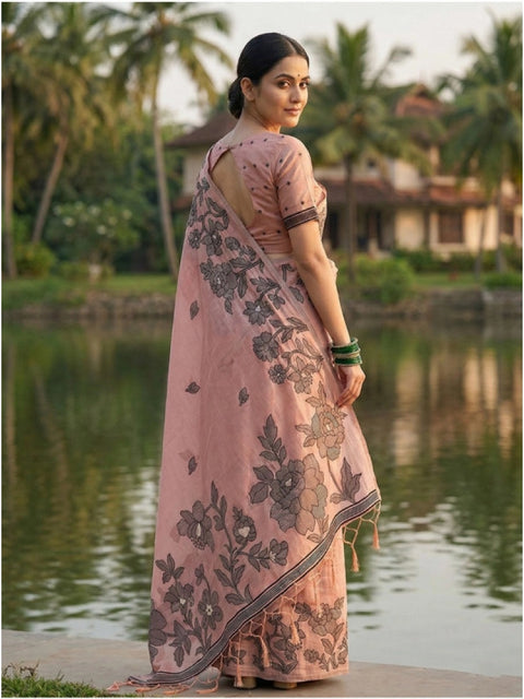 Women's Linen Cotton Printed Saree With Unstitched Blouse 5.5Mtr (Peach)
