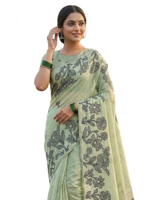 Women's Linen Cotton Printed Saree With Unstitched Blouse 5.5Mtr (Light Green)