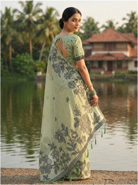 Women's Linen Cotton Printed Saree With Unstitched Blouse 5.5Mtr (Light Green)
