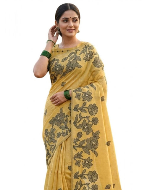 Women's Linen Cotton Printed Saree With Unstitched Blouse 5.5Mtr (Yellow)