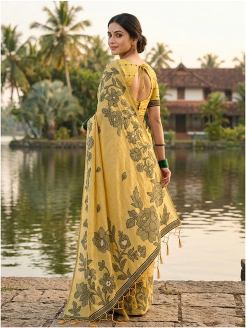 Women's Linen Cotton Printed Saree With Unstitched Blouse 5.5Mtr (Yellow)