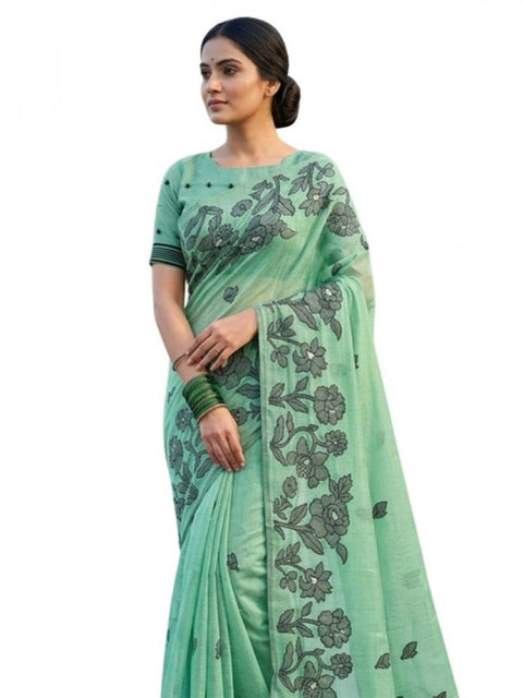 Women's Linen Cotton Printed Saree With Unstitched Blouse 5.5Mtr (Rama Green)