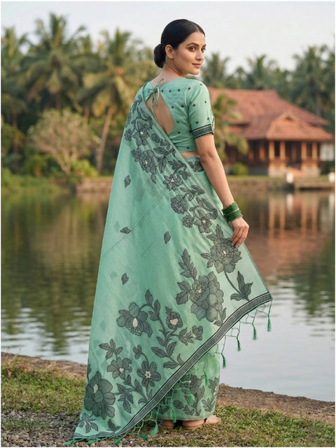 Women's Linen Cotton Printed Saree With Unstitched Blouse 5.5Mtr (Rama Green)