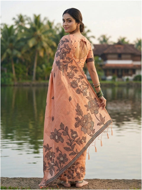 Women's Linen Cotton Printed Saree With Unstitched Blouse 5.5Mtr (Orange)