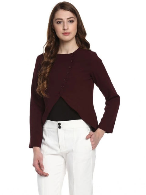 Generic Women's Polyester Diagonal Cut Long Sleeves Blazer (Maroon)