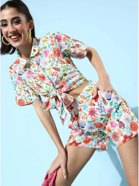 Generic Women's Polyester Floral Short Sleeve Co-Ord Set (Multicolor)