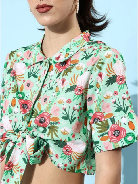 Generic Women's Polyester Floral Short Sleeve Co-Ord Set (Multicolor)