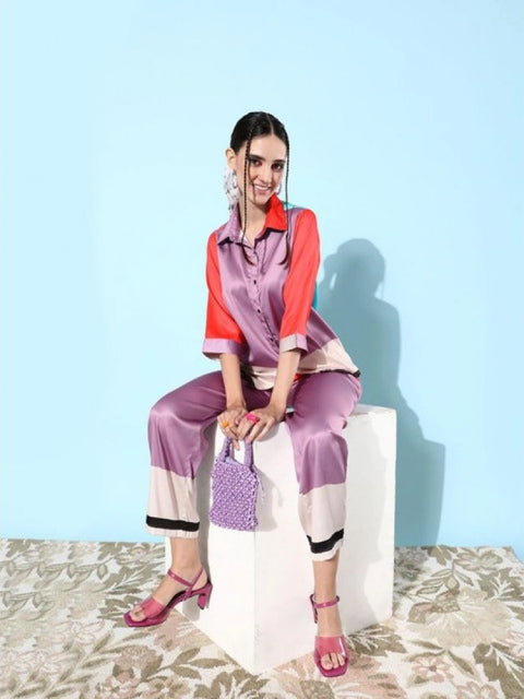 Generic Women's Satin Colour Block Long Sleeves Co-Ord Set (Multicolor)