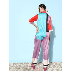 Generic Women's Satin Colour Block Long Sleeves Co-Ord Set (Multicolor)