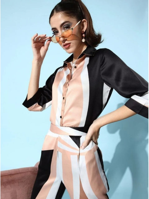 Generic Women's Satin Colour Block Long Sleeves Co-Ord Set (Beige - Black)