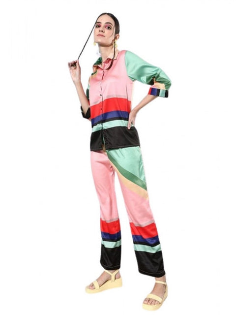 Generic Women's Satin Colour Block Long Sleeves Co-Ord Set (Multicolor)