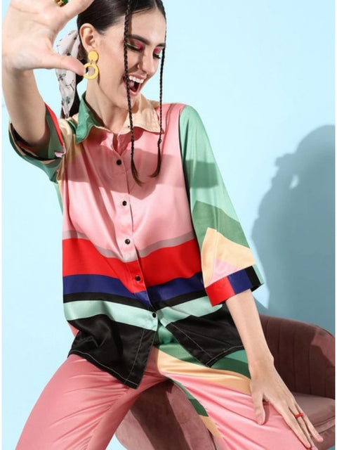 Generic Women's Satin Colour Block Long Sleeves Co-Ord Set (Multicolor)