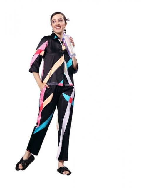 Generic Women's Satin Colour Block Long Sleeves Co-Ord Set (Multicolor)