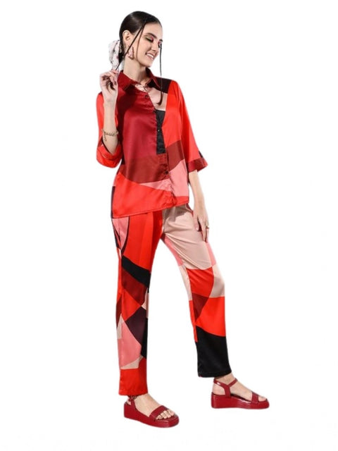 Generic Women's Satin Colour Block Long Sleeves Co-Ord Set (Multicolor)