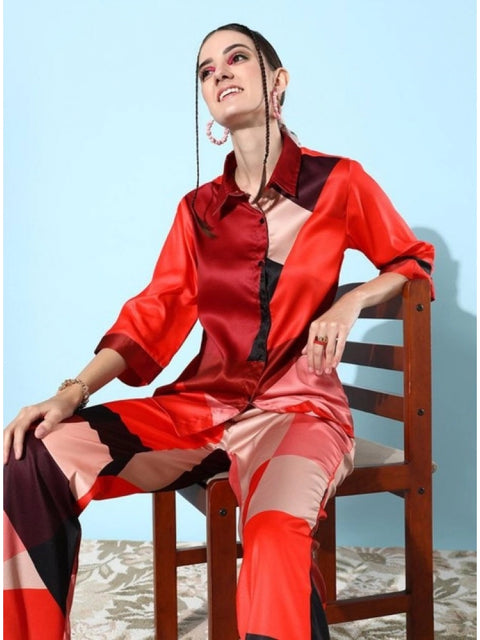 Generic Women's Satin Colour Block Long Sleeves Co-Ord Set (Multicolor)