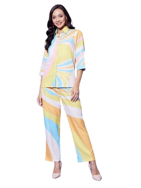 Generic Women's Polyester Colour Blocking 3-4th Sleeve Co-Ord Set (Multicolor)