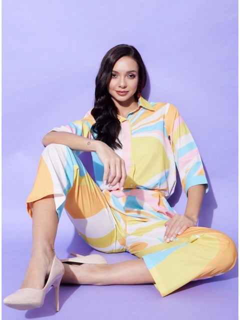 Generic Women's Polyester Colour Blocking 3-4th Sleeve Co-Ord Set (Multicolor)