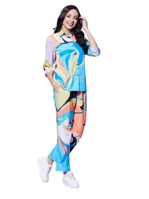 Generic Women's Polyester Colour Blocking 3-4th Sleeve Co-Ord Set (Multicolor)