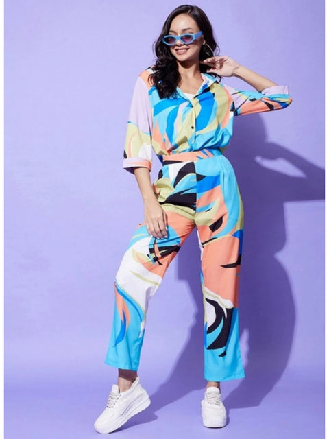Generic Women's Polyester Colour Blocking 3-4th Sleeve Co-Ord Set (Multicolor)
