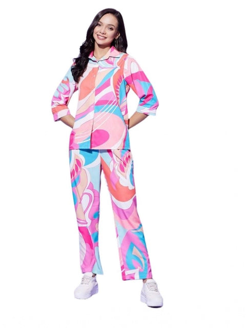 Generic Women's Polyester Printed 3-4th Sleeve Co-Ord Set (Multicolor)