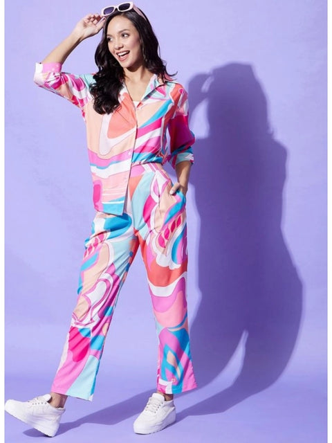 Generic Women's Polyester Printed 3-4th Sleeve Co-Ord Set (Multicolor)