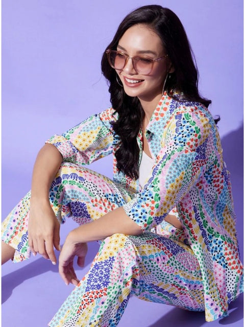 Generic Women's Polyester Floral 3-4th Sleeve Co-Ord Set (Multicolor)