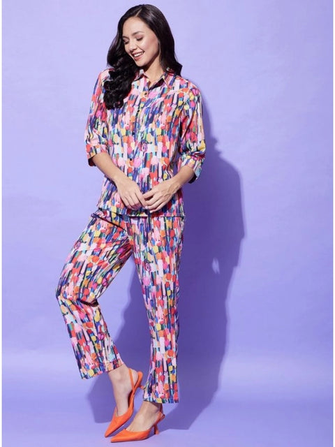 Generic Women's Polyester Floral 3-4th Sleeve Co-Ord Set (Multicolor)