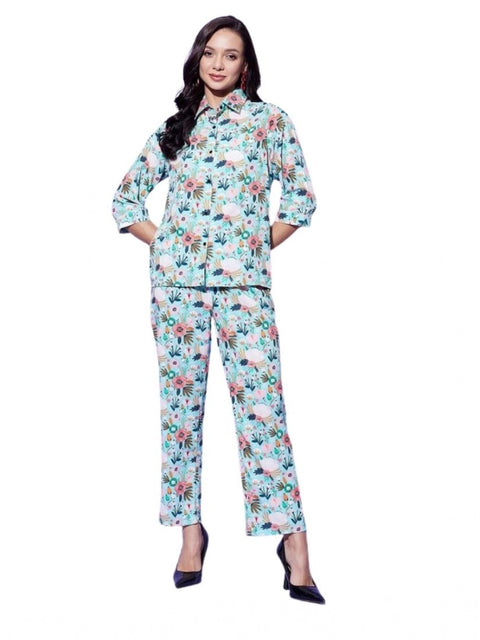 Generic Women's Polyester Floral 3-4th Sleeve Co-Ord Set (Multicolor)