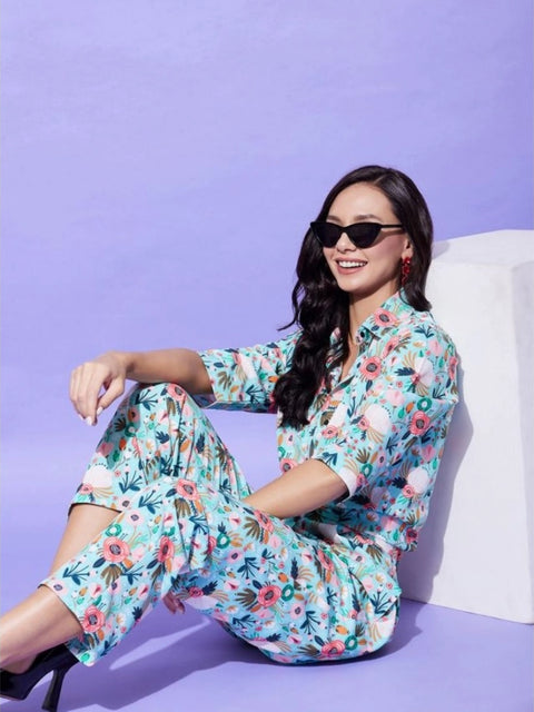 Generic Women's Polyester Floral 3-4th Sleeve Co-Ord Set (Multicolor)