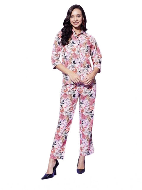 Generic Women's Polyester Floral 3-4th Sleeve Co-Ord Set (Multicolor)