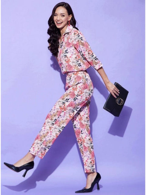Generic Women's Polyester Floral 3-4th Sleeve Co-Ord Set (Multicolor)
