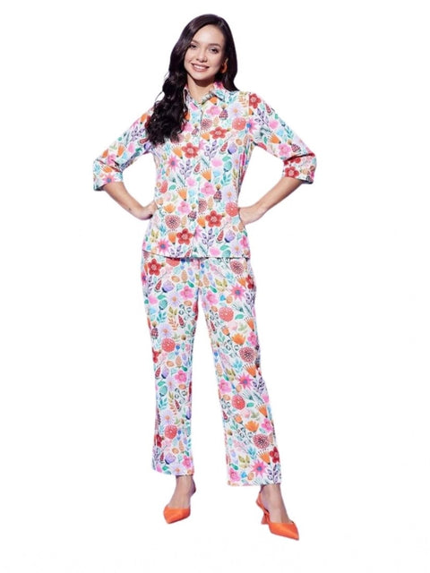 Generic Women's Polyester Floral 3-4th Sleeve Co-Ord Set (Multicolor)
