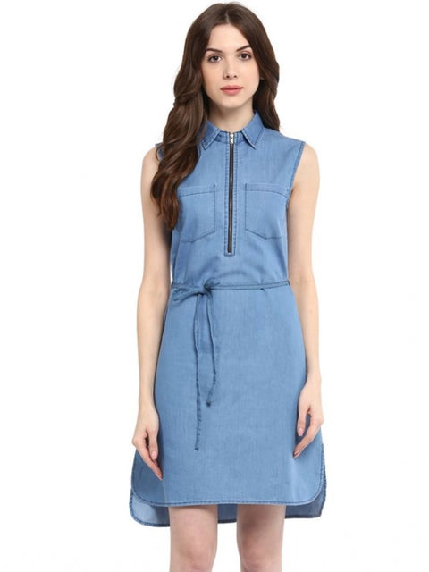 Generic Women's Denim Solid Sleeveless Dress (Blue)