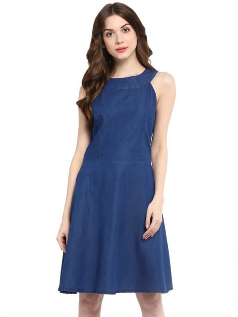 Generic Women's Denim Solid Sleeveless Dress (Blue)